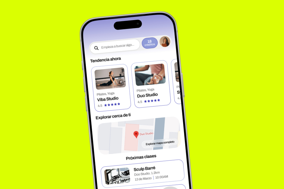 Mockup de la app Mirani: búsqueda y descubrimiento de estudios