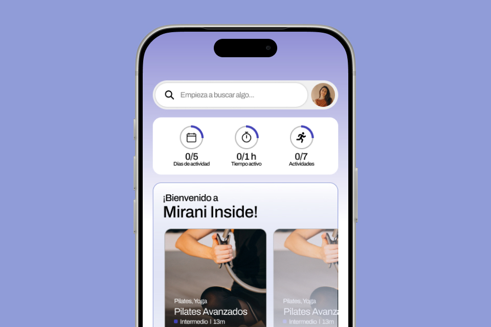 Mockup de la app Mirani: bienvenida a Mirani Inside