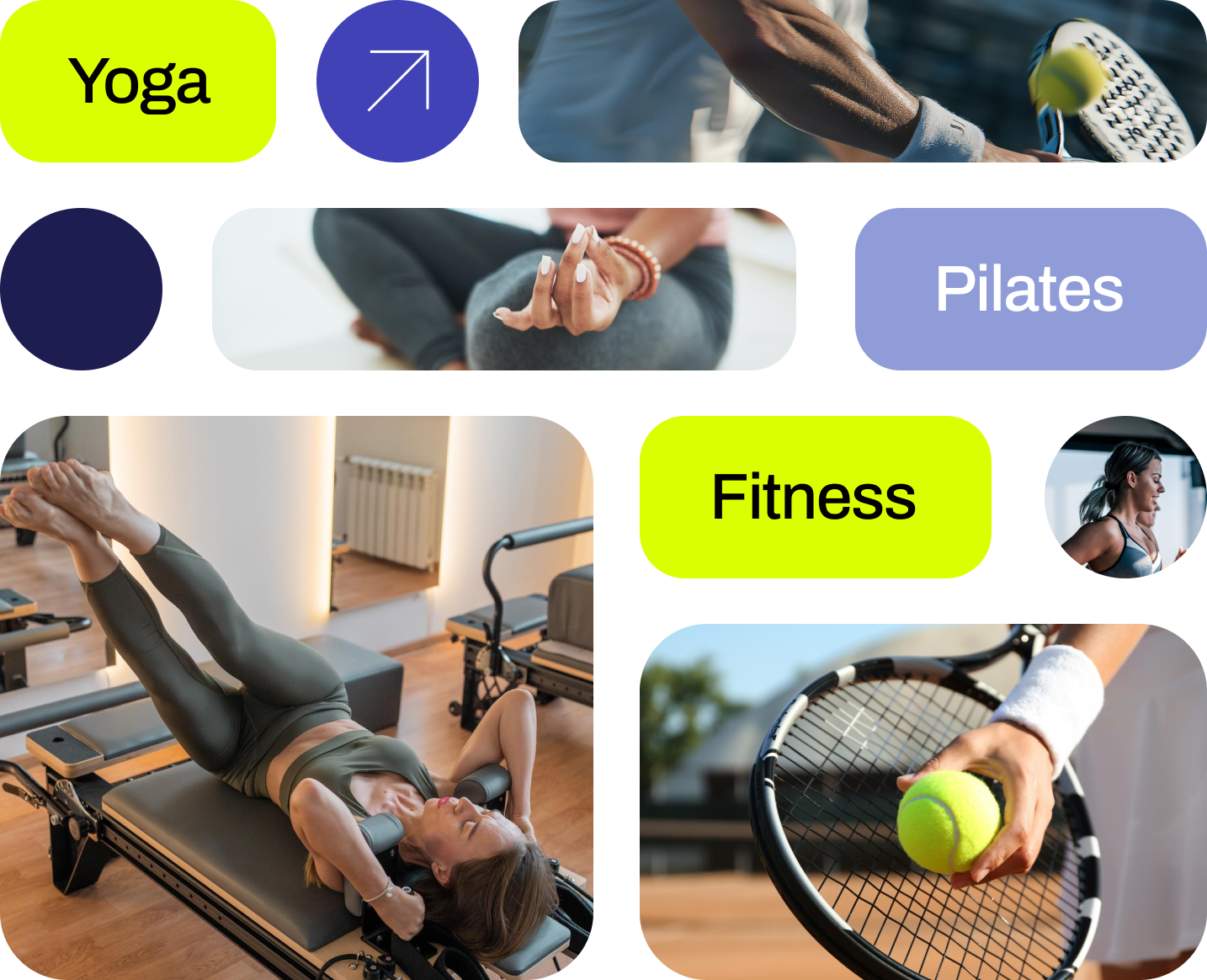 Collage de actividades Mirani: yoga, pilates y fitness